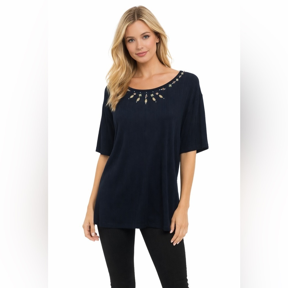TanJay Womens 2X Black Textured Tunic Top Beaded Neckline Short Sleeve